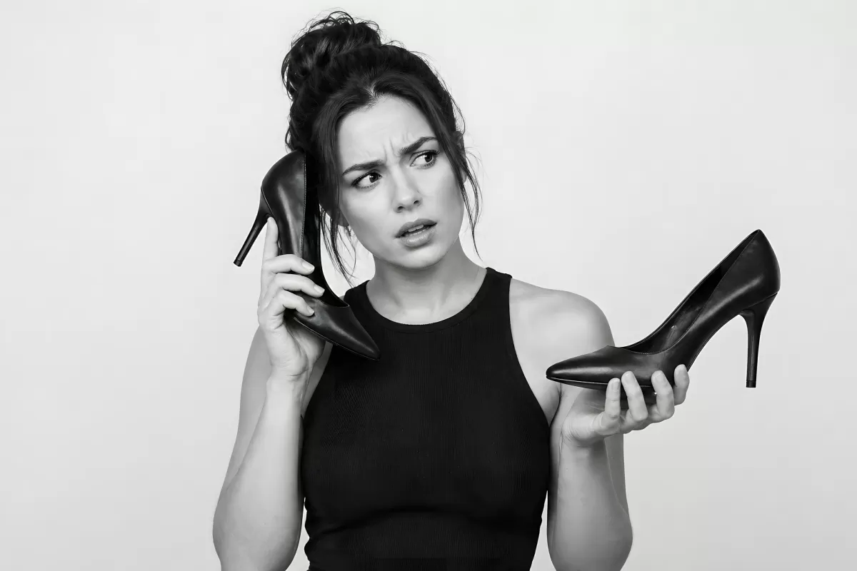 Frau hält High Heels mit verwundertem Gesichtsausdruck