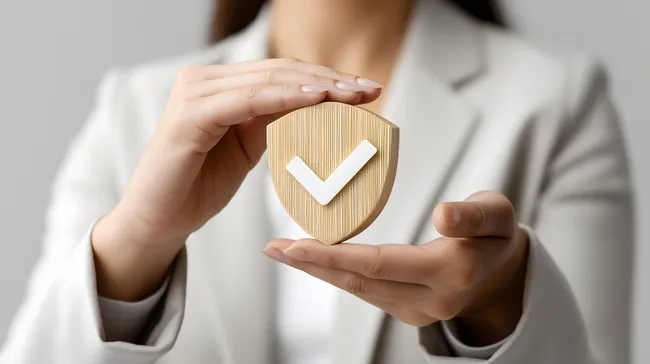 Frau hält Holzschild mit Häkchen-Symbol als Sicherheitskonzept