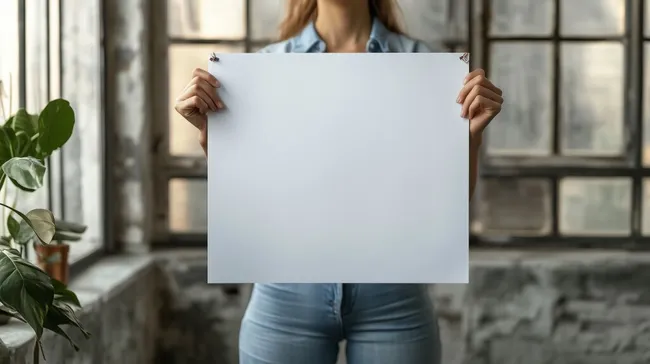 Frau hält leere Tafel vor sich in moderner Loft-Umgebung