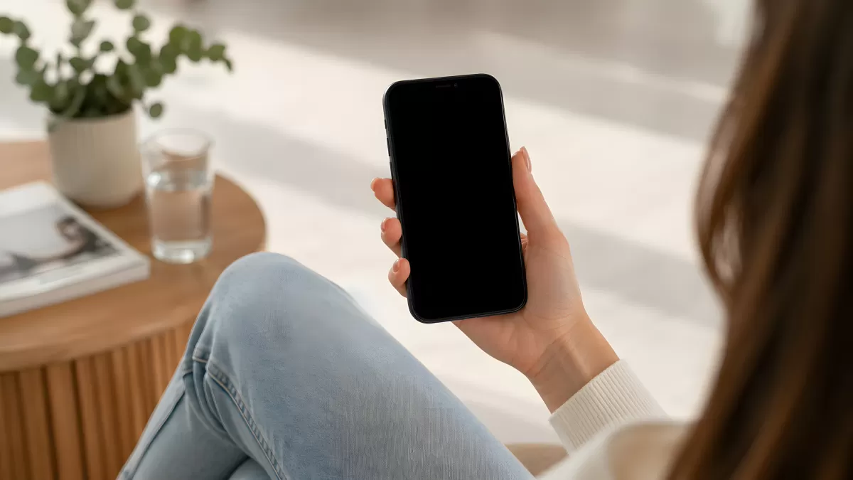 Frau hält Smartphone mit schwarzem Bildschirm im Wohnzimmer