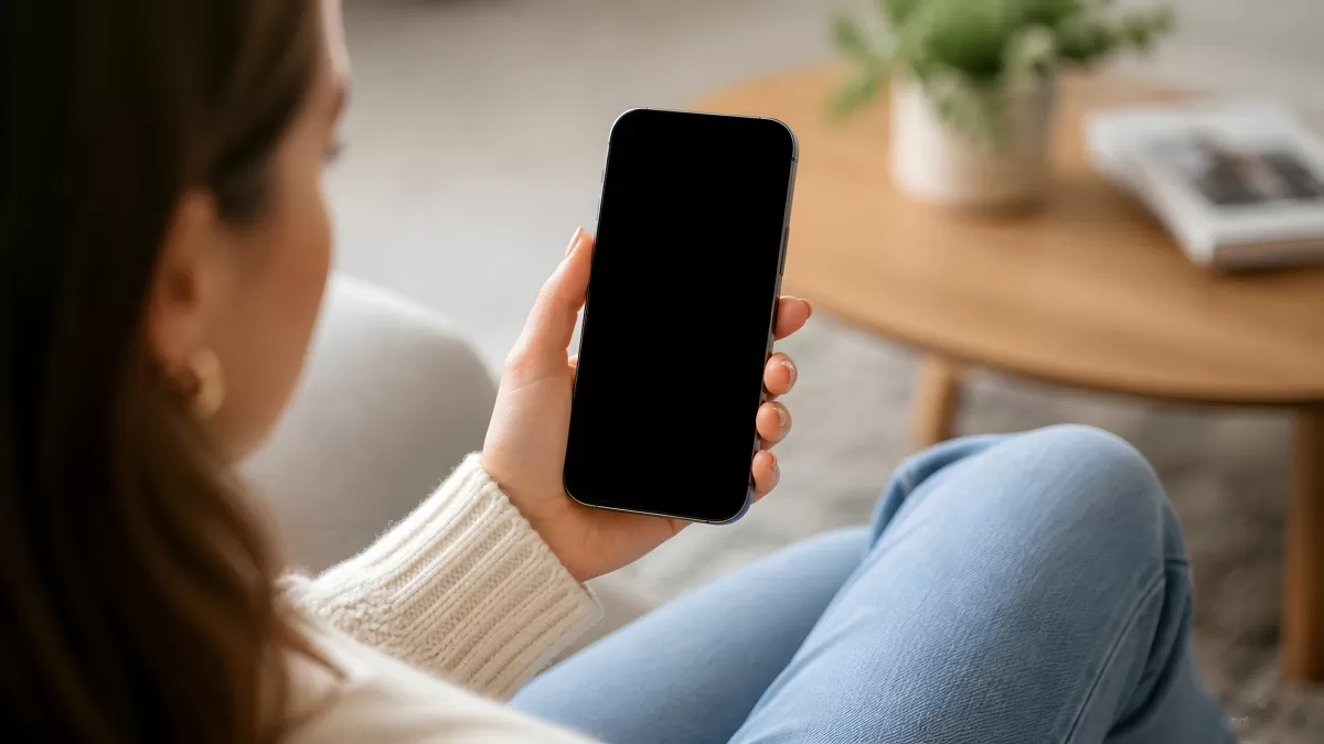 Frau hält Smartphone mit schwarzem Display im Zimmer