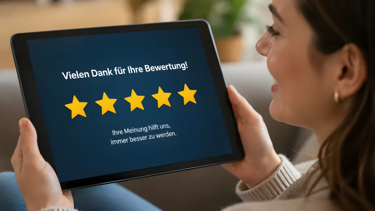 Frau hält Tablet mit 5-Sterne-Bewertung auf Sofa