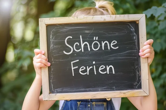 Frau hält Tafel mit Schöne Ferien-Schriftzug