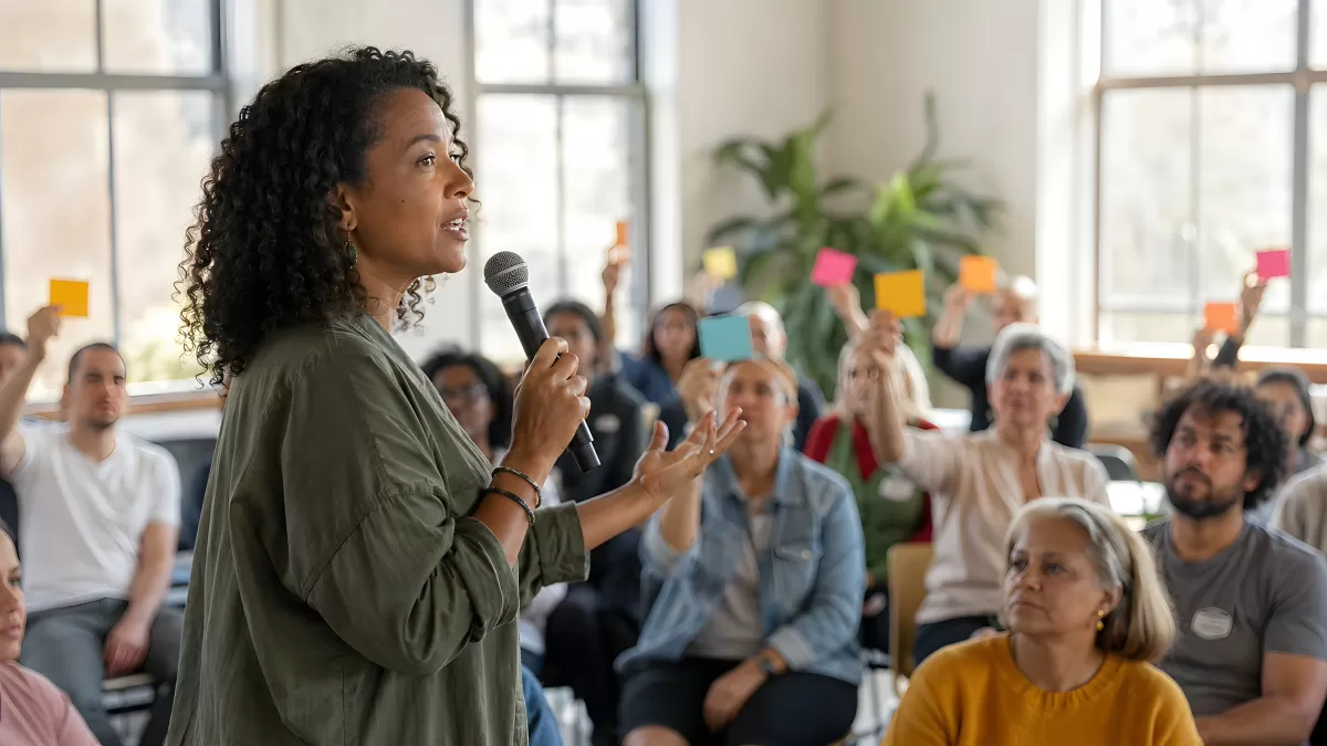 Frau hält Vortrag vor engagiertem Publikum im Workshop
