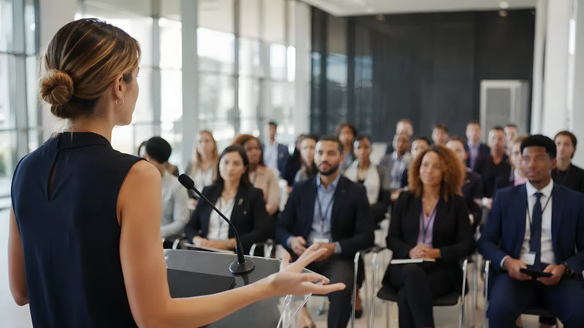 Frau hält Vortrag vor Publikum bei Konferenz
