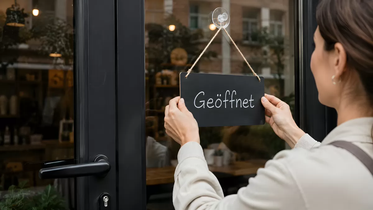 Frau hängt Geöffnet-Schild an Ladengeschäft