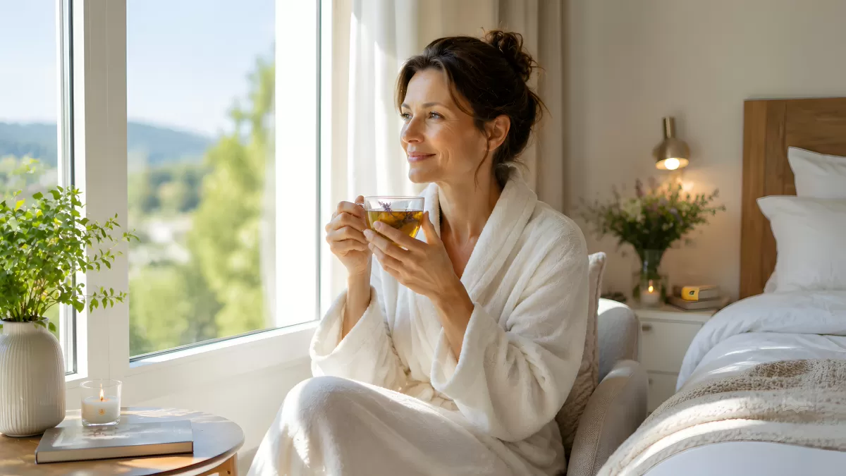 Frau im Bademantel trinkt Tee am Fenster morgens