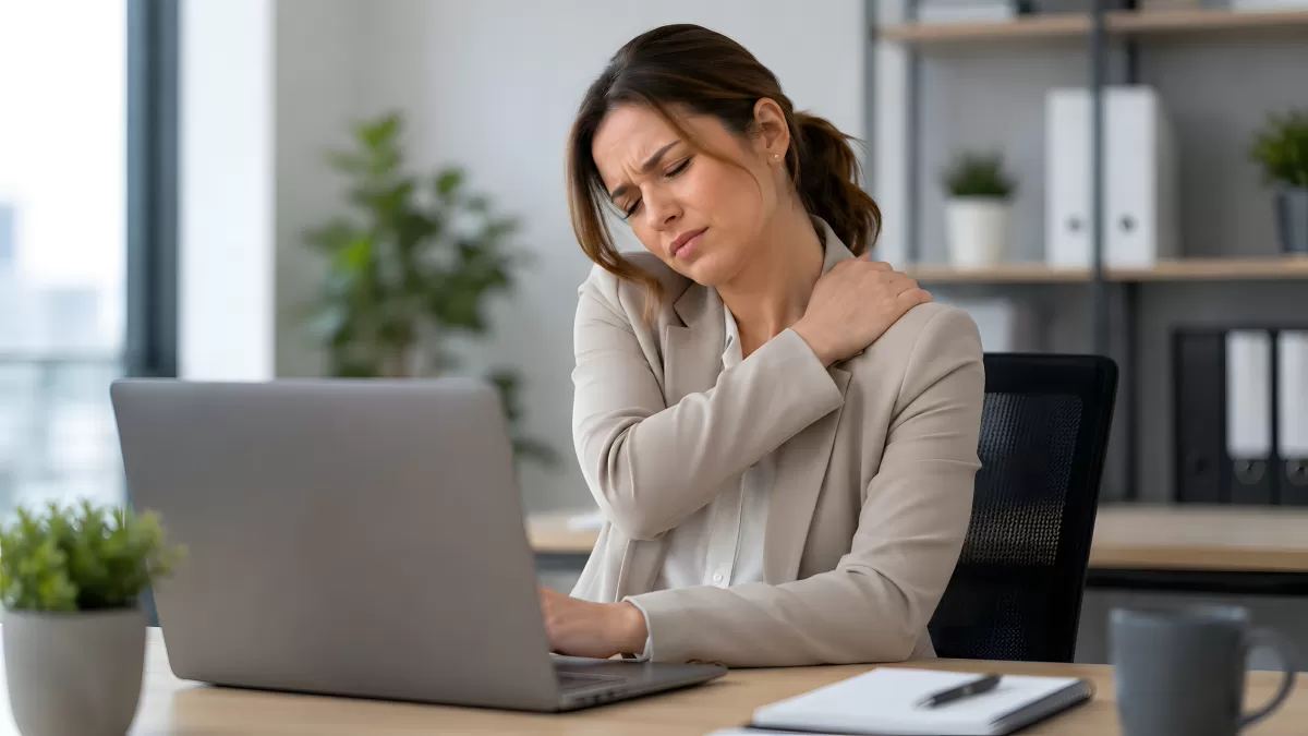 Frau im Büro mit Nackenschmerzen am Laptop