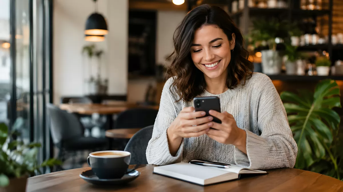 Frau im Café lächelt beim Blick auf ihr Smartphone