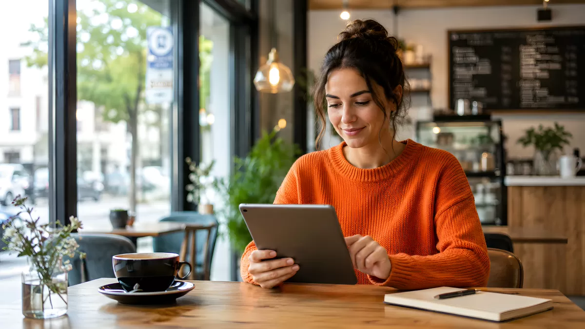 Frau im Café liest auf Tablet beim Kaffee