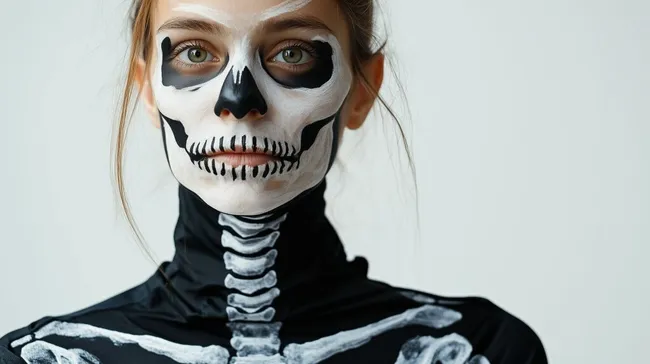 Frau im detaillierten Skelett-Kostüm mit ernstem Blick