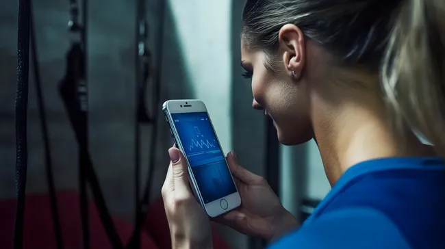 Frau im Fitnessstudio prüft Trainingsfortschritt auf Smartphone
