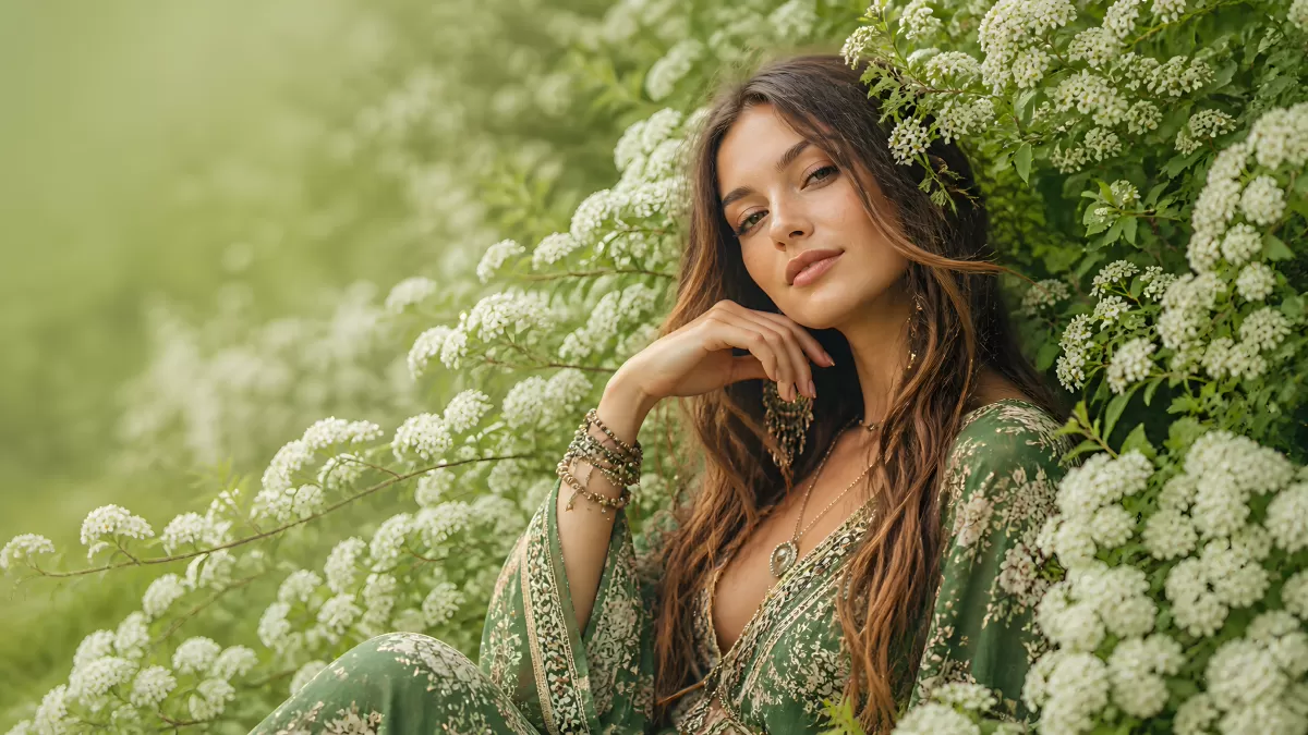 Frau im grünen Boho-Kleid zwischen weißen Blüten