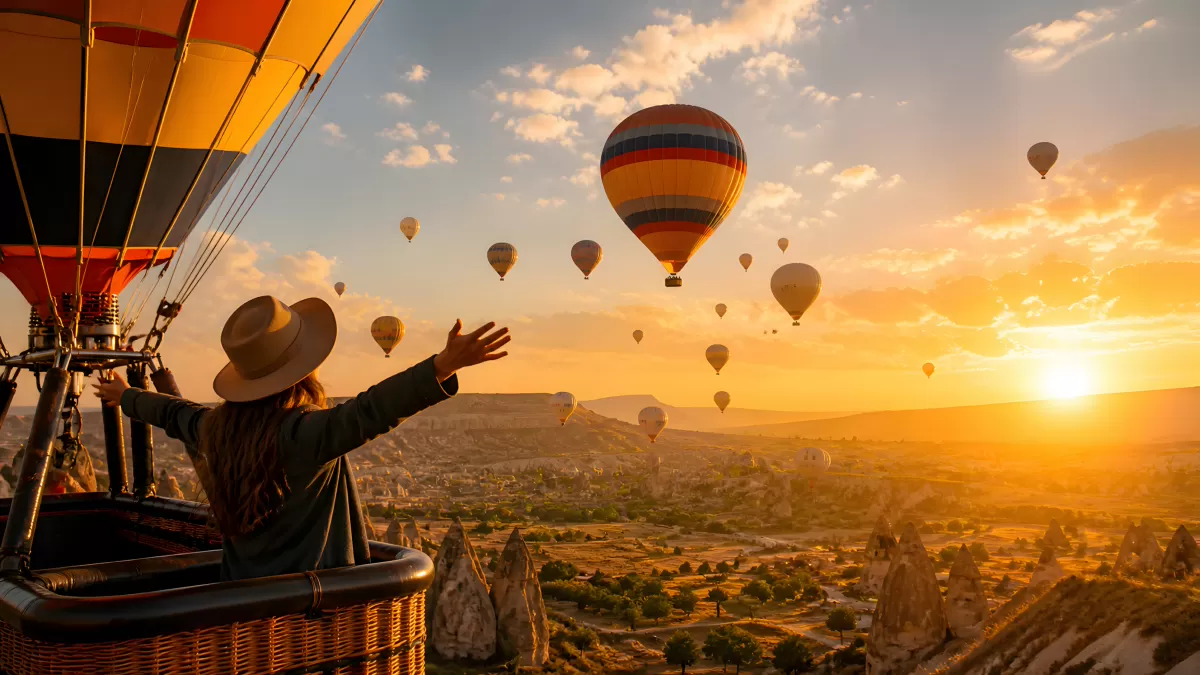 Frau im Heißluftballon über Kappadokien beim Sonnenaufgang
