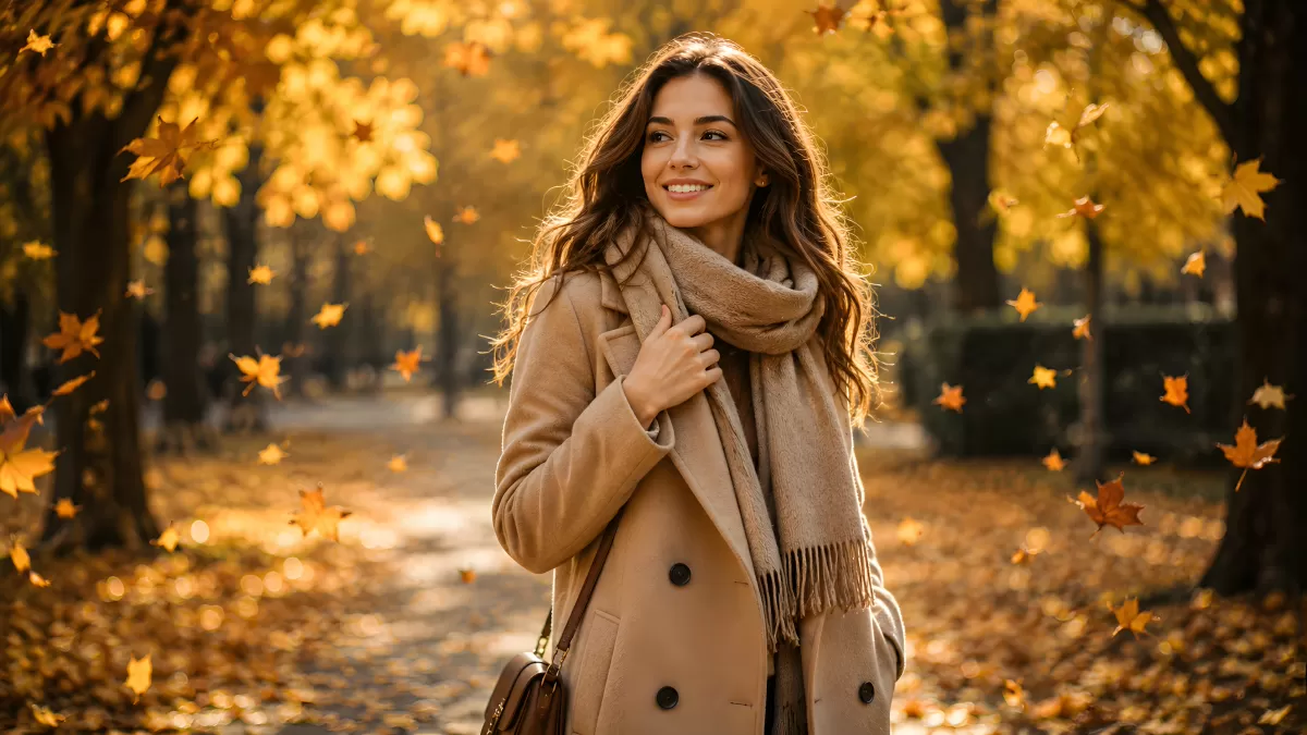 Frau im Herbstpark mit Mantel und Schal
