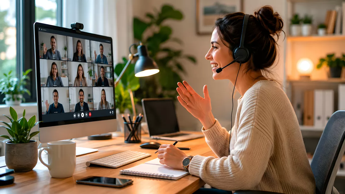 Frau im Homeoffice während einer Videokonferenz