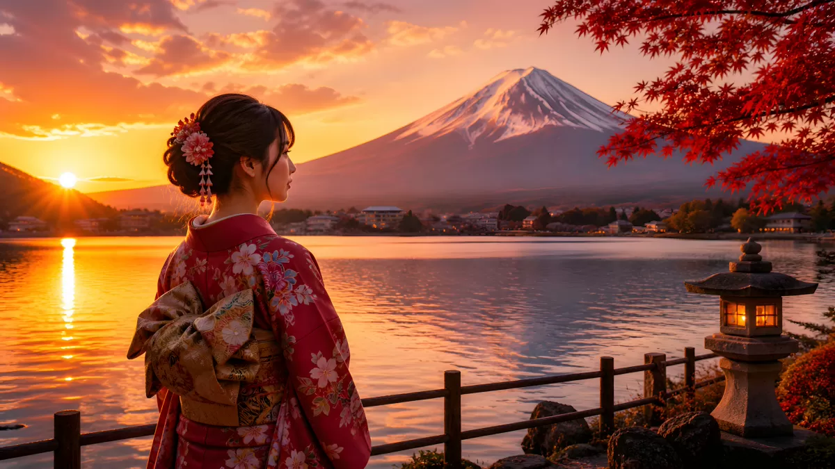 Frau im Kimono blickt auf den Fuji bei Sonnenuntergang