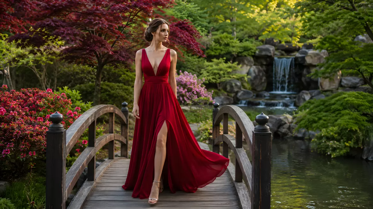 Frau im roten Abendkleid auf Holzbrücke im Garten