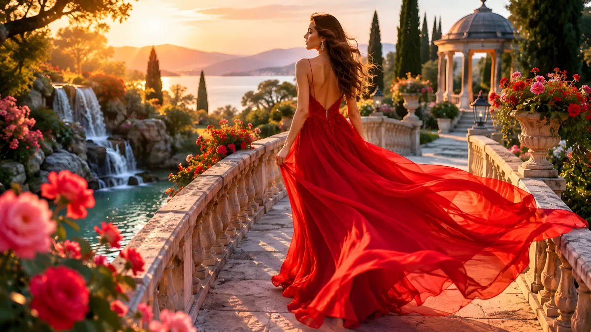 Frau im roten Abendkleid auf mediterraner Terrasse