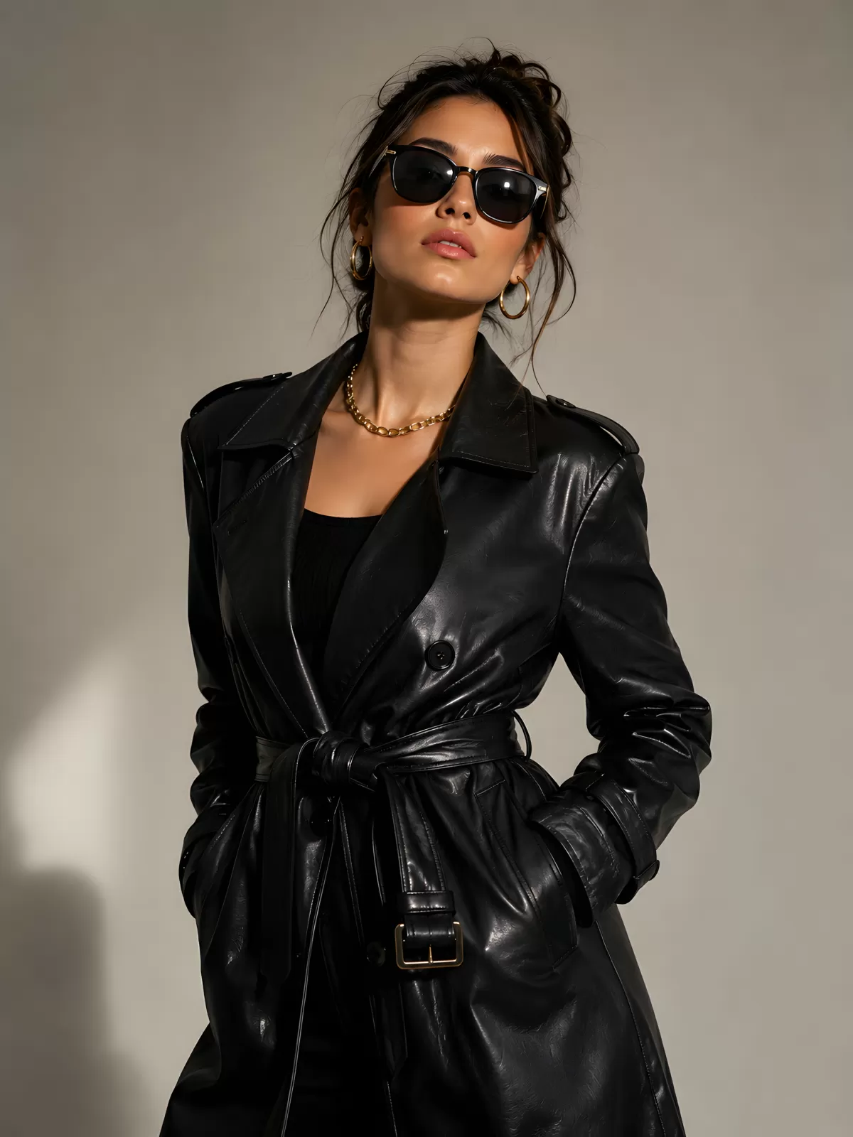 Frau im schwarzen Ledertrenchcoat mit Sonnenbrille