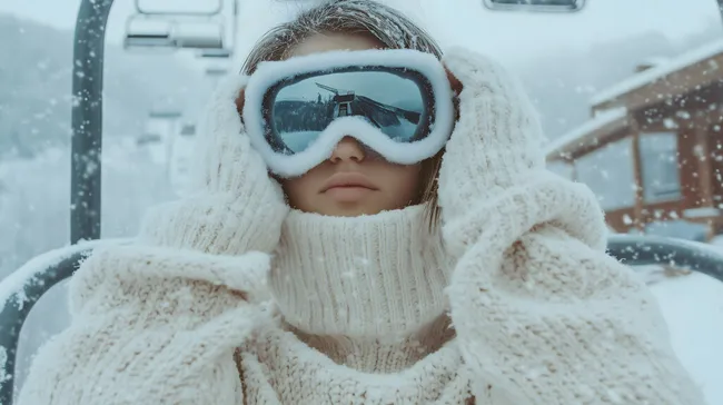 Frau im Skianzug mit Schneebrille