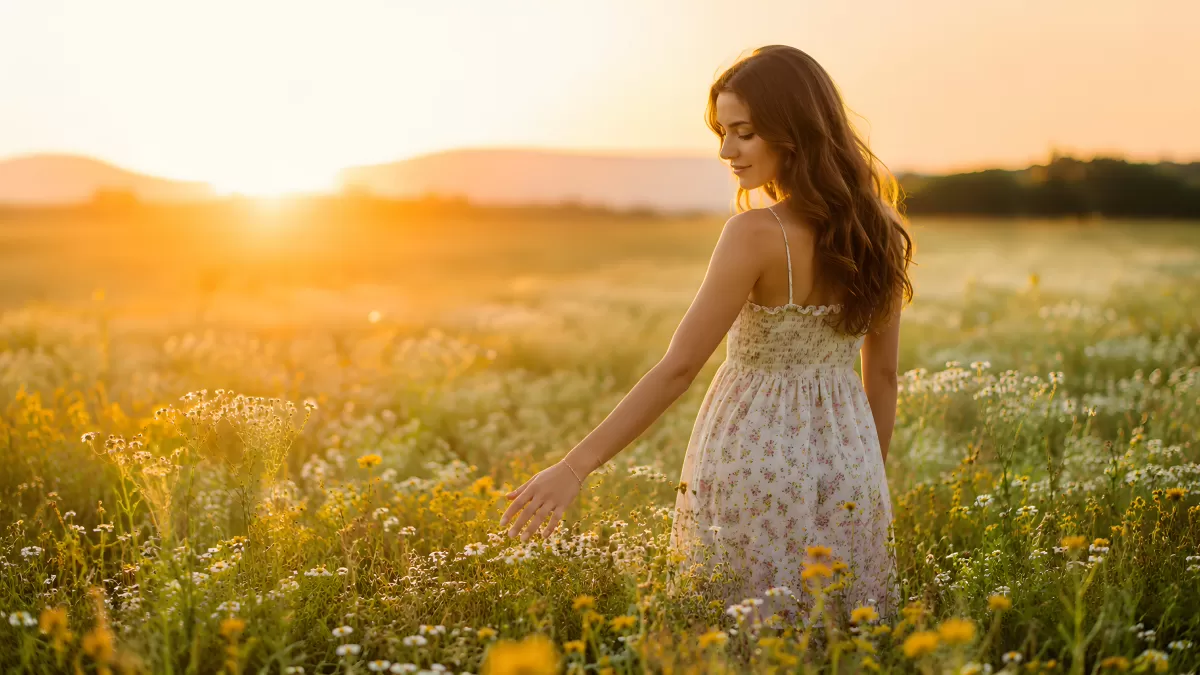 Frau im Sommerkleid berührt Wildblumen bei Sonnenuntergang