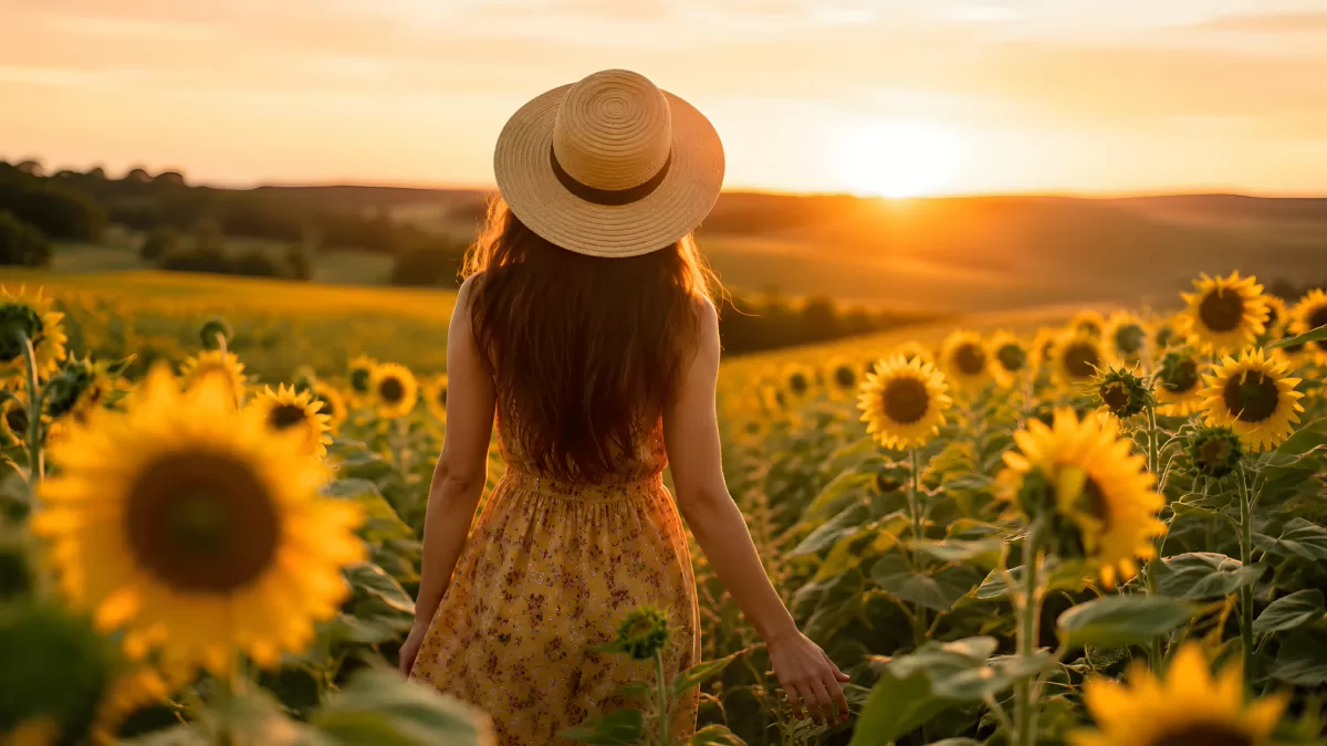 Frau im Sonnenblumenfeld beim goldenen Sonnenuntergang