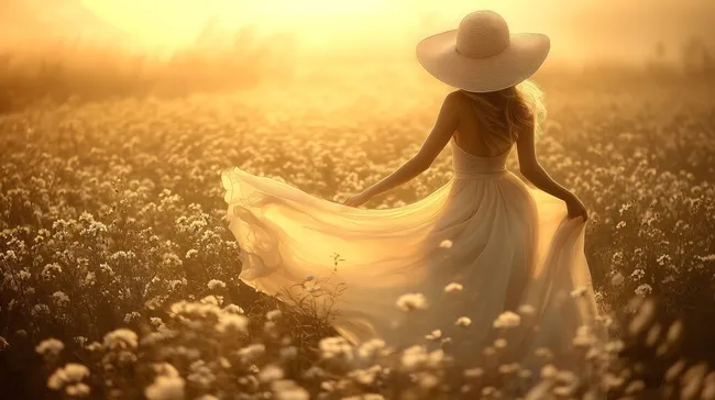 Frau im Sonnenuntergangslicht eines Blumenfelds