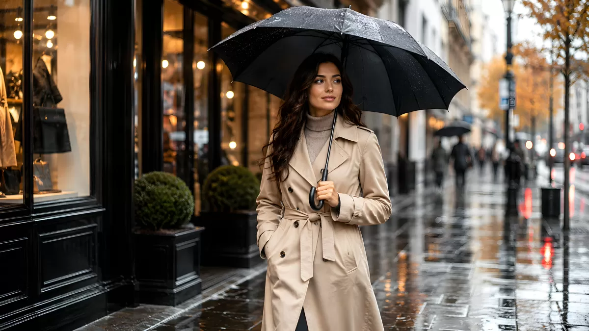 Frau im Trenchcoat mit Regenschirm auf nasser Stadtstraße