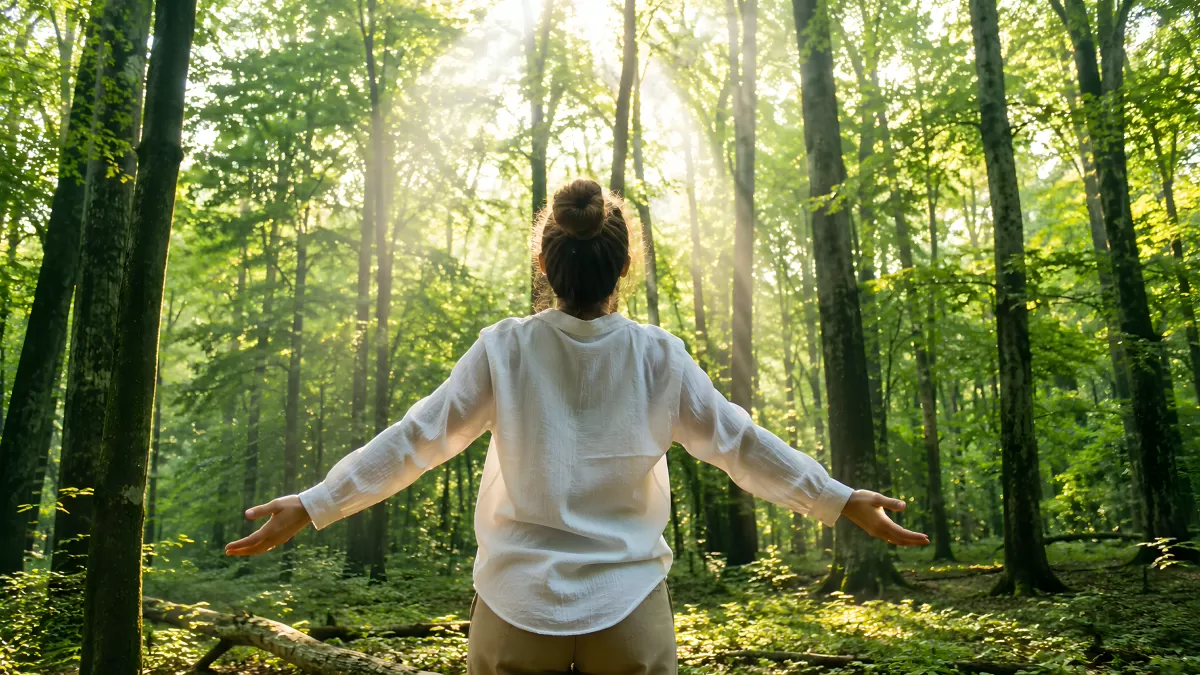 Frau im Wald streckt Arme aus im Sonnenlicht