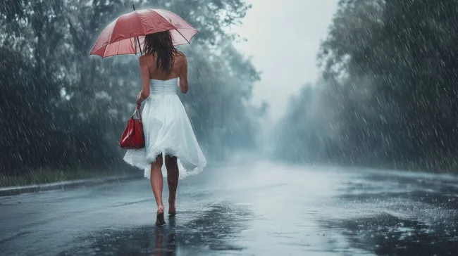 Frau im weißen Kleid mit rotem Regenschirm im Regen