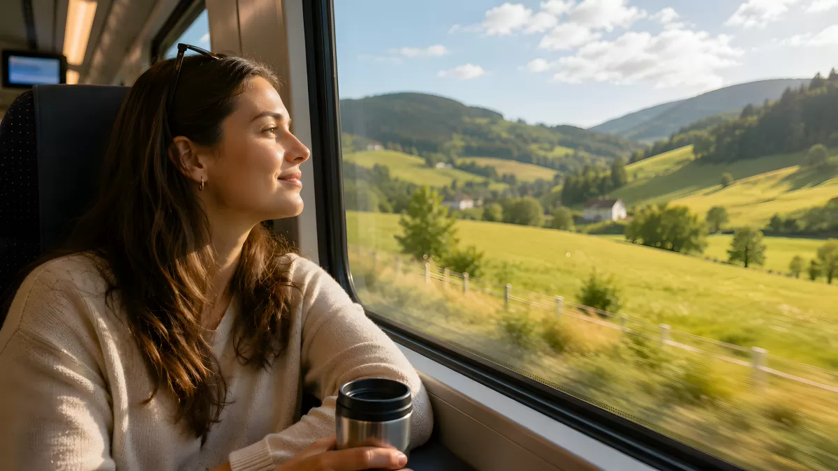 Frau im Zug blickt auf grüne Hügellandschaft