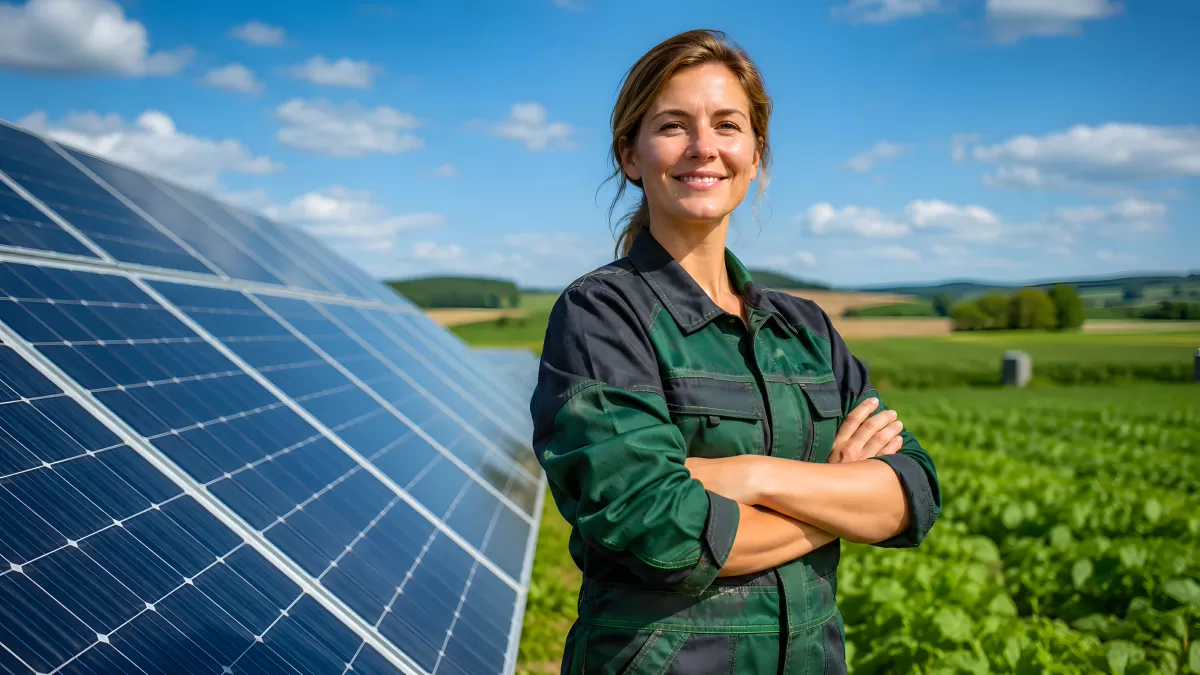Frau in Arbeitskleidung neben Solaranlage auf dem Feld