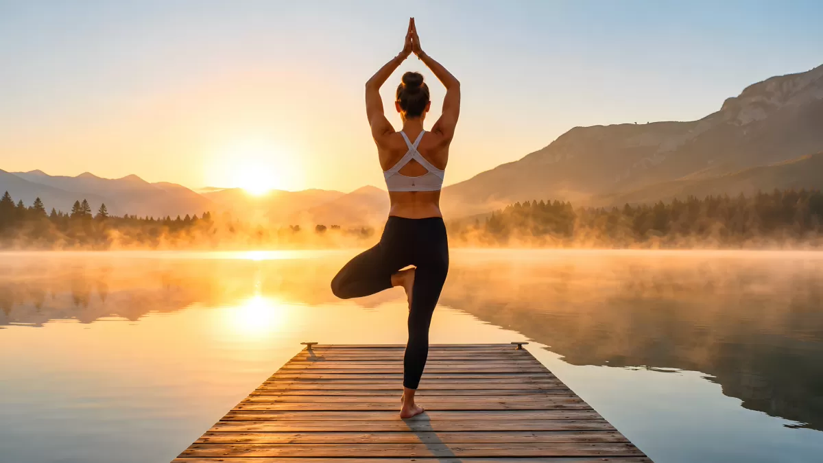 Frau in Baumpose beim Yoga am See im Sonnenaufgang
