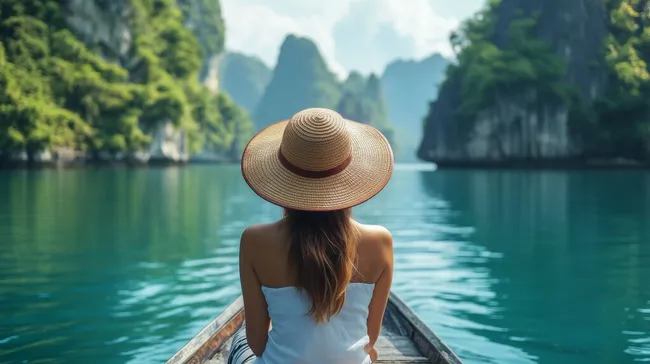 Frau in Boot auf azurblauem Gewässer mit Bergkulisse