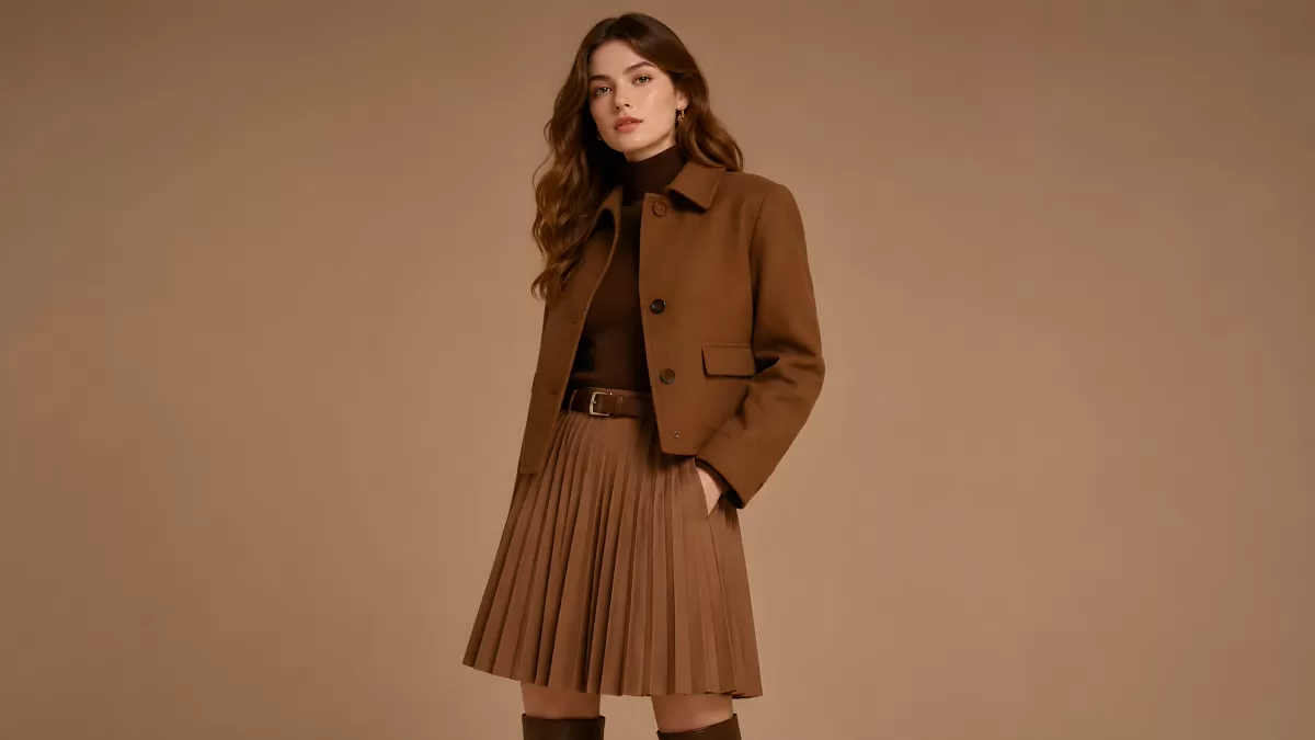 Frau in braunem Herbst-Outfit mit Faltenrock