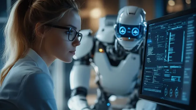 Frau in Computerstudio mit humanoider Roboter