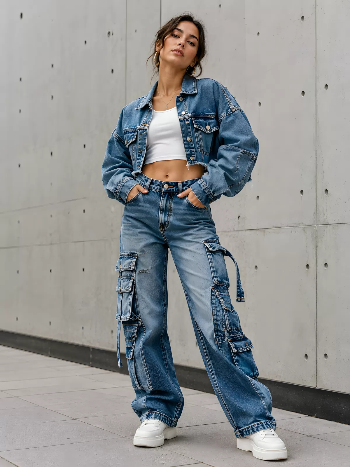 Frau in Denim-Outfit mit Cargo-Jeans und Jacke