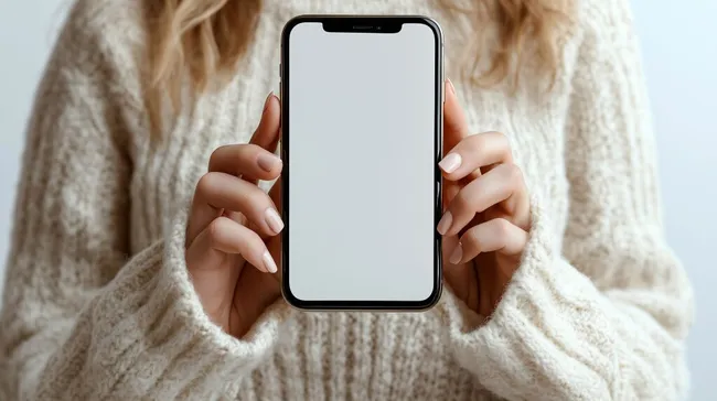 Frau in Grobstrickpullover hält Smartphone mit leerem Display