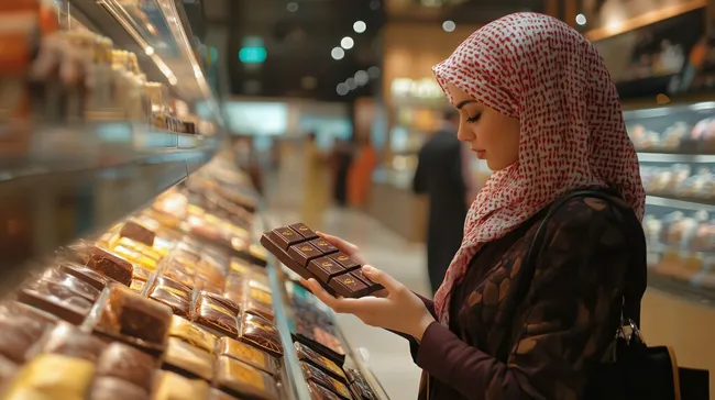 Frau in Kopftuch wählt Schokolade in orientalischem Supermarkt aus
