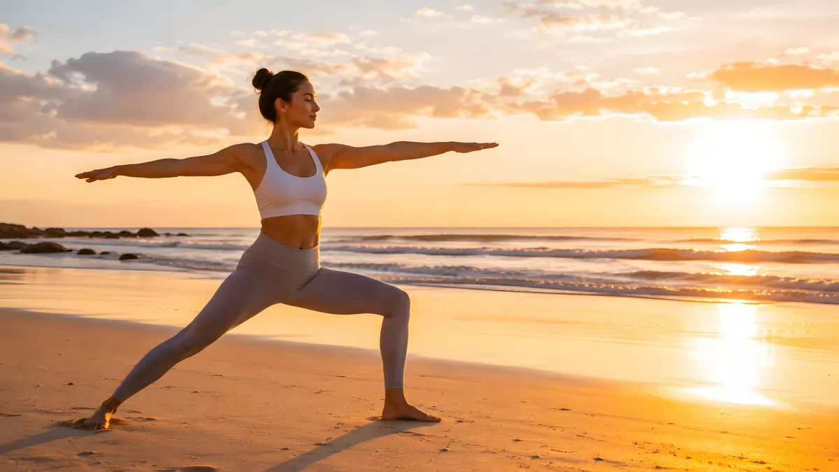 Frau in Krieger-Pose beim Yoga am Strand im Sonnenuntergang