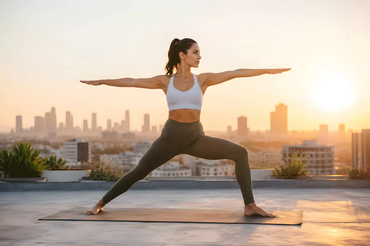 Frau in Krieger-Pose beim Yoga auf Dachterrasse