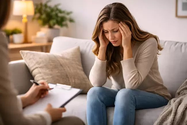 Frau in Krise, Stress und Probleme in häuslicher Umgebung