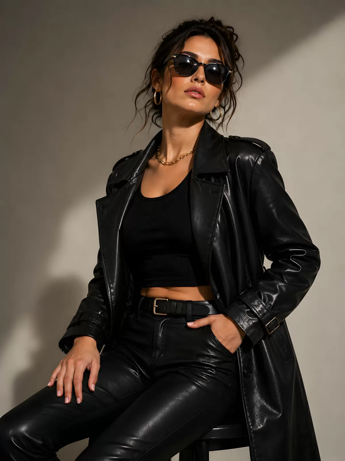 Frau in schwarzem Leder-Outfit mit Sonnenbrille