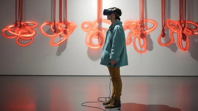 Frau in VR-Kunstinstallation mit leuchtenden Neonformen