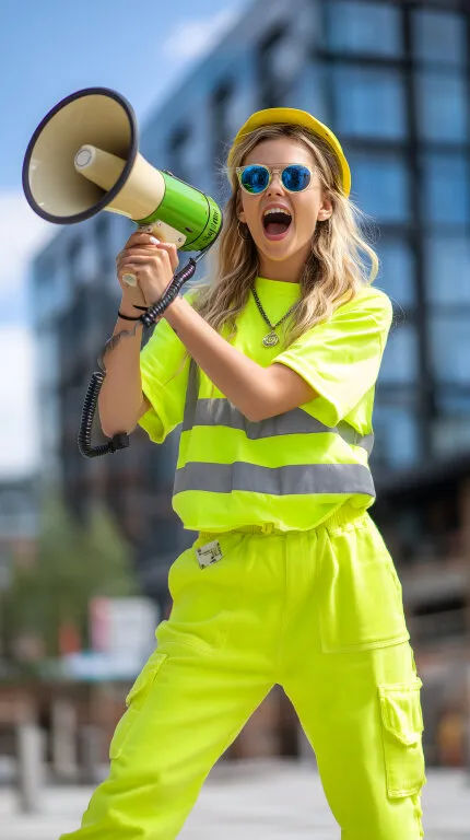 Frau in Warnweste ruft laut durch Megafon auf der Straße