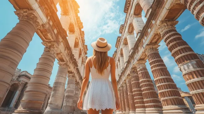 Frau in weißem Sommerkleid vor antiker Säulenhalle