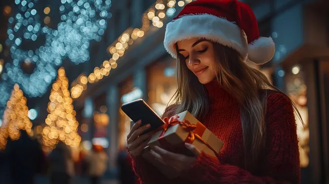 Frau in Wintermantel und Weihnachtsmütze nutzt Smartphone