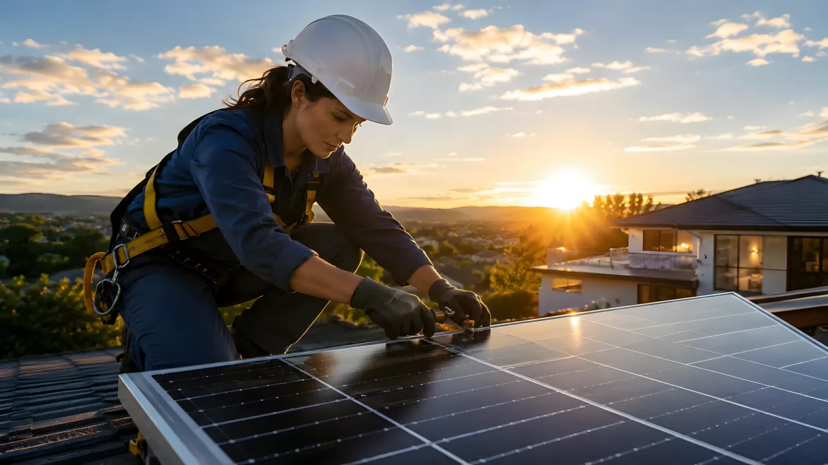 Frau installiert Solaranlage auf Hausdach bei Sonnenuntergang
