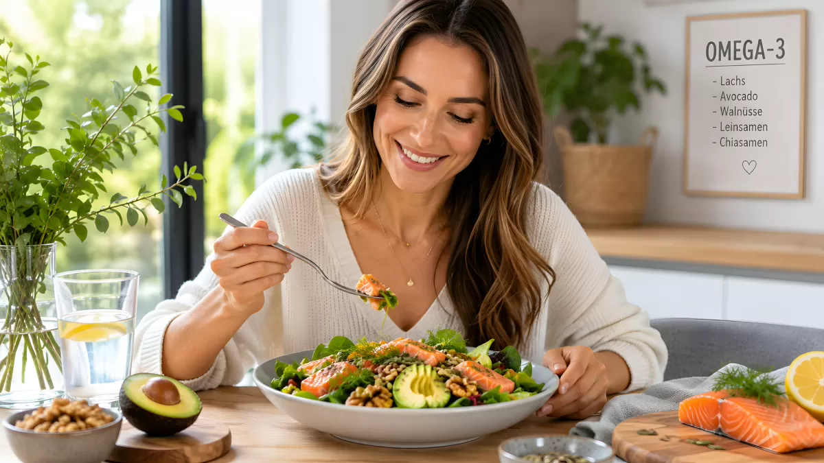 Frau isst Lachs-Avocado-Salat mit Omega-3-Zutaten